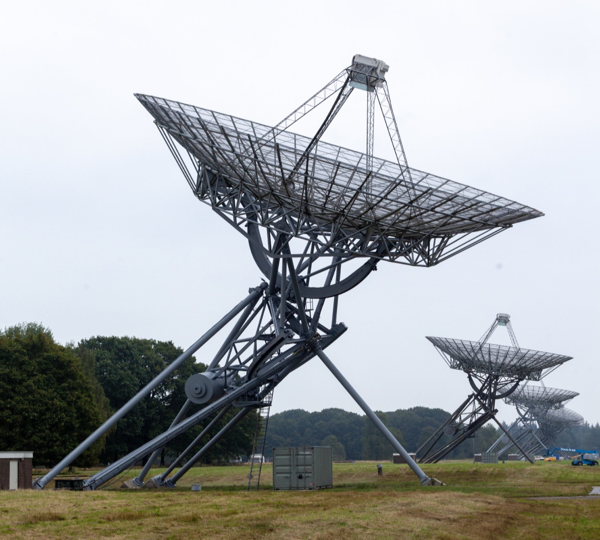 A low angle shot of a  radio telescope near Westerbork in The Netherlands